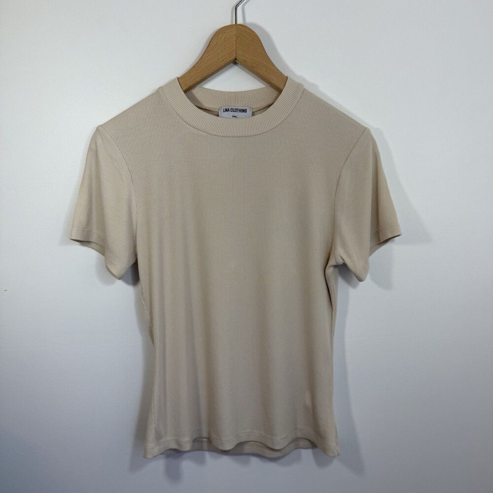 LNA Womens Crew Neck Ribbed Long Sleeve Crop Top Light Beige Size XS